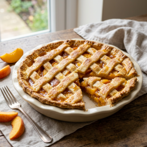 Peach pie with lattice crust and a slice removed